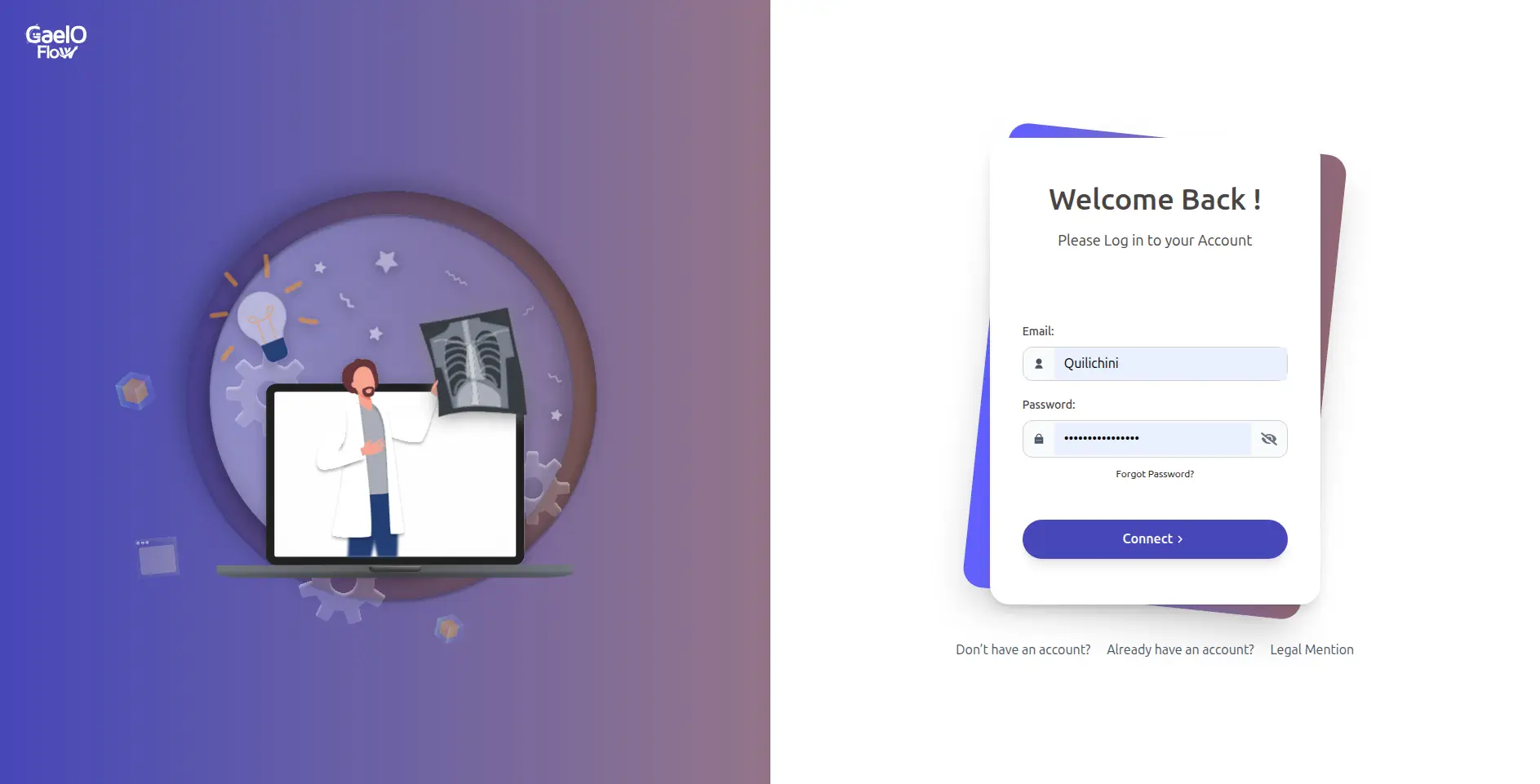 Secure login page for the GaelO Flow DICOM management platform.
